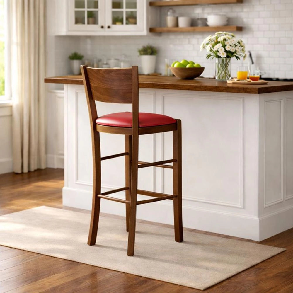 Sgabello alto da bar lucy in legno noce scuro h 73 con seduta in ecopelle rosso