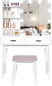 Tavolo di Trucco in Stile Luxe – Tavolo di Trucco con Specchio e Illuminazione – Per Donne e Ragazze – Con Porte – Spazio di Deposizione Aggiuntivo – Design Moderno – Bianco