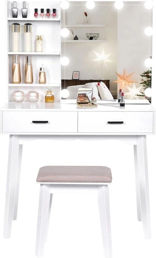 Tavolo di Trucco in Stile Luxe – Tavolo di Trucco con Specchio e Illuminazione – Per Donne e Ragazze – Con Porte – Spazio di Deposizione Aggiuntivo – Design Moderno – Bianco