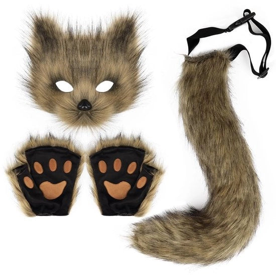 Costume Halloween - Coda di Volpe Felpata - Maschera a Metà - Guanti di Piuma - Set di Cosplay - Imitazione di Pelliccia di Alta Qualità