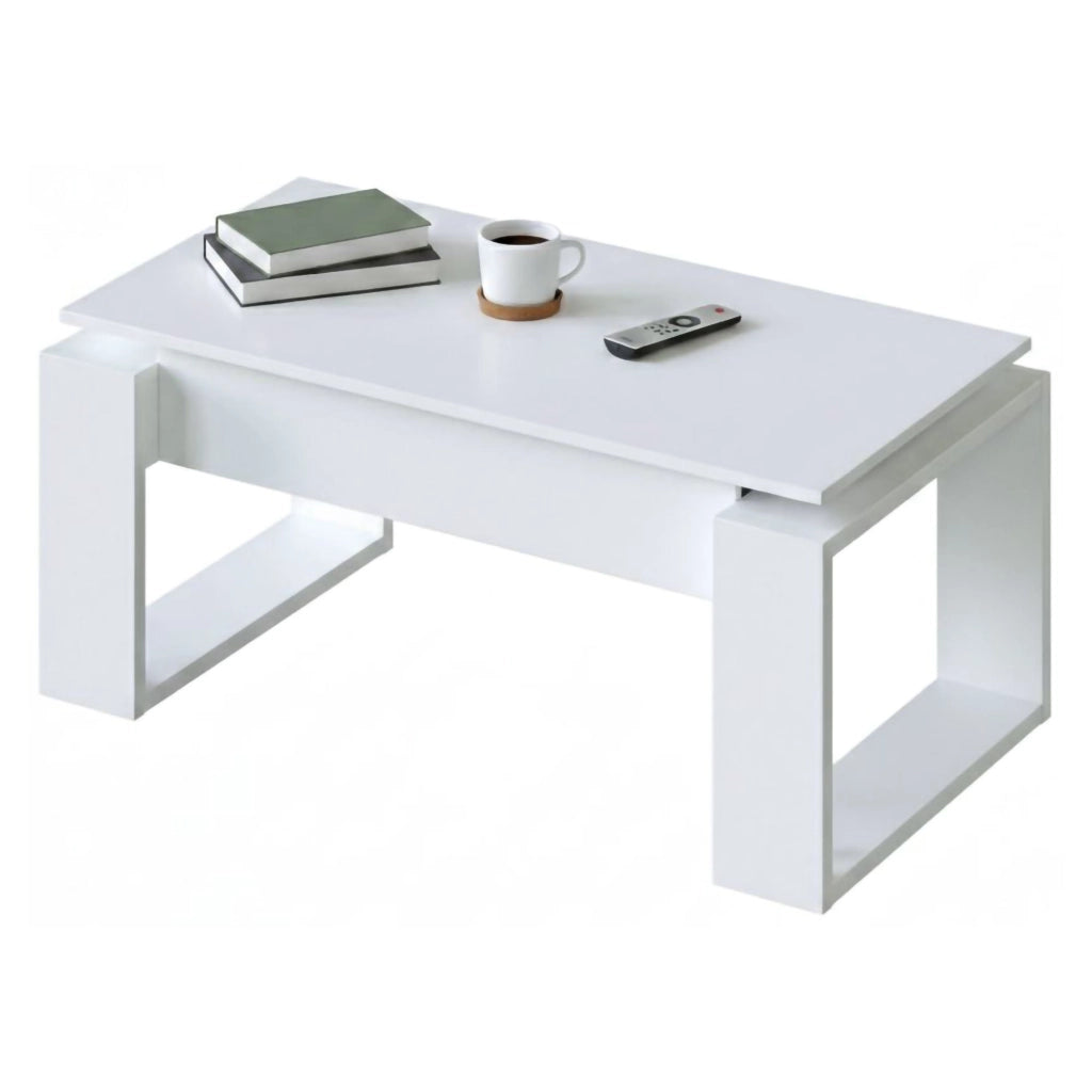 Tavolino da salotto Aspra, Tavolino da caffÒ¨ con piano elevabile, Tavolo basso da soggiorno, cm 105x55h45/56, Bianco