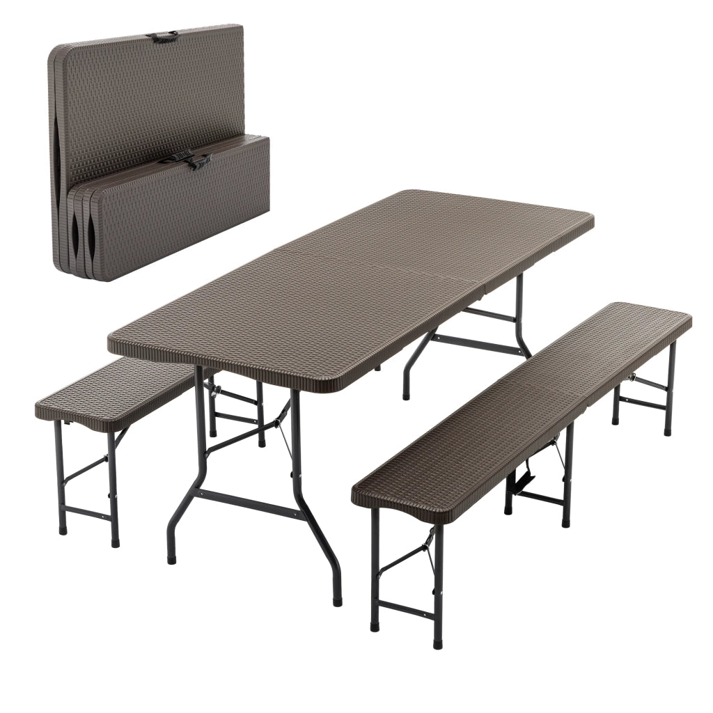 TAVOLO PICNIC PIEGHEVOLE 3 PEZZI, con 2 panche, marrone, HDPE