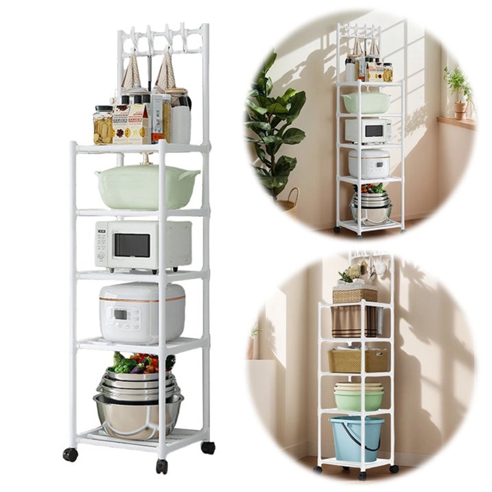 Trade Shop - Carrello Scaffale Portaoggetti Multiuso Da Cucina Bagno 5 Ripiani Con Ruote Ganci Bianco -