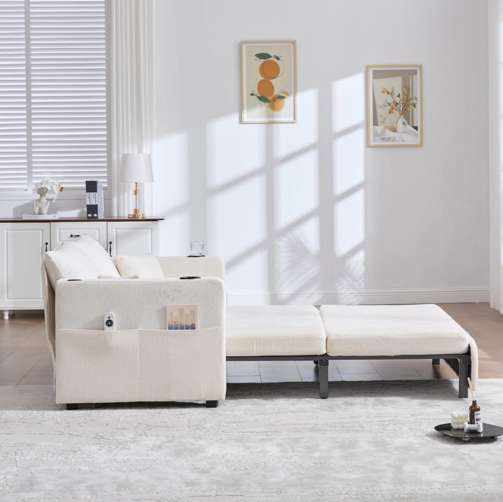 Divano letto convertibile 139x73x83 cm beige con USB, portabicchieri e tasche