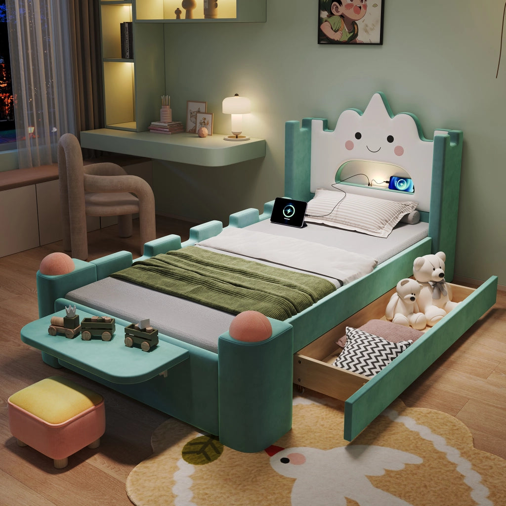 Letto per bambini 90 × 200 cm con lampada da lettura, USB, cassetto contenitore, senza materasso, blu e verde