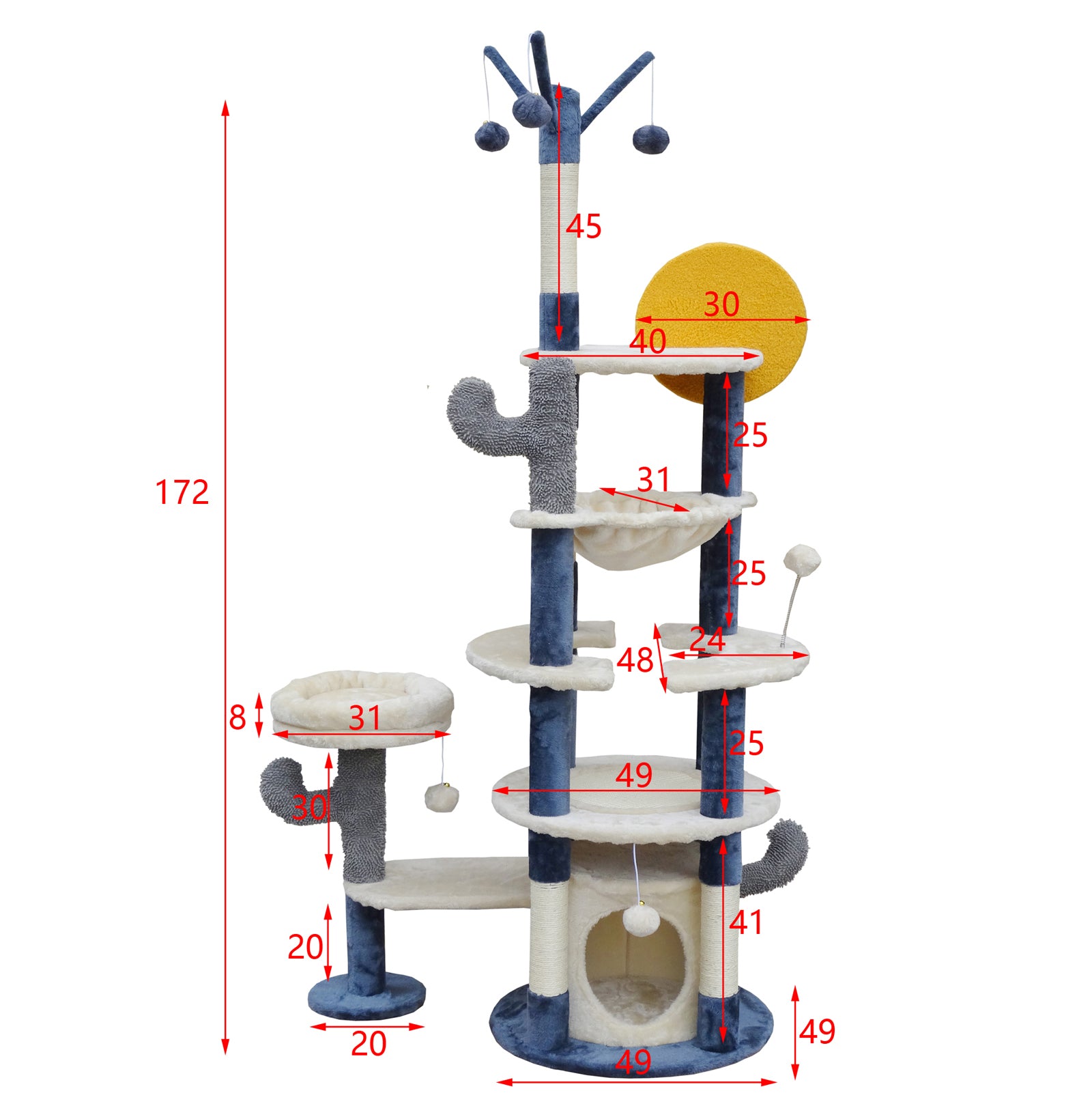 Fudajo Albero tiragraffi per gatti grigio scuro 172 cm con casetta amaca e palline