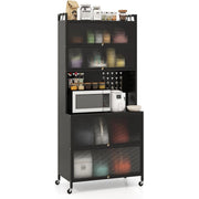 Armadio cucina 6 livelli buffet credenza, Porte ribalta supporto microonde pannello forato ganci Nero-Credenze buffet