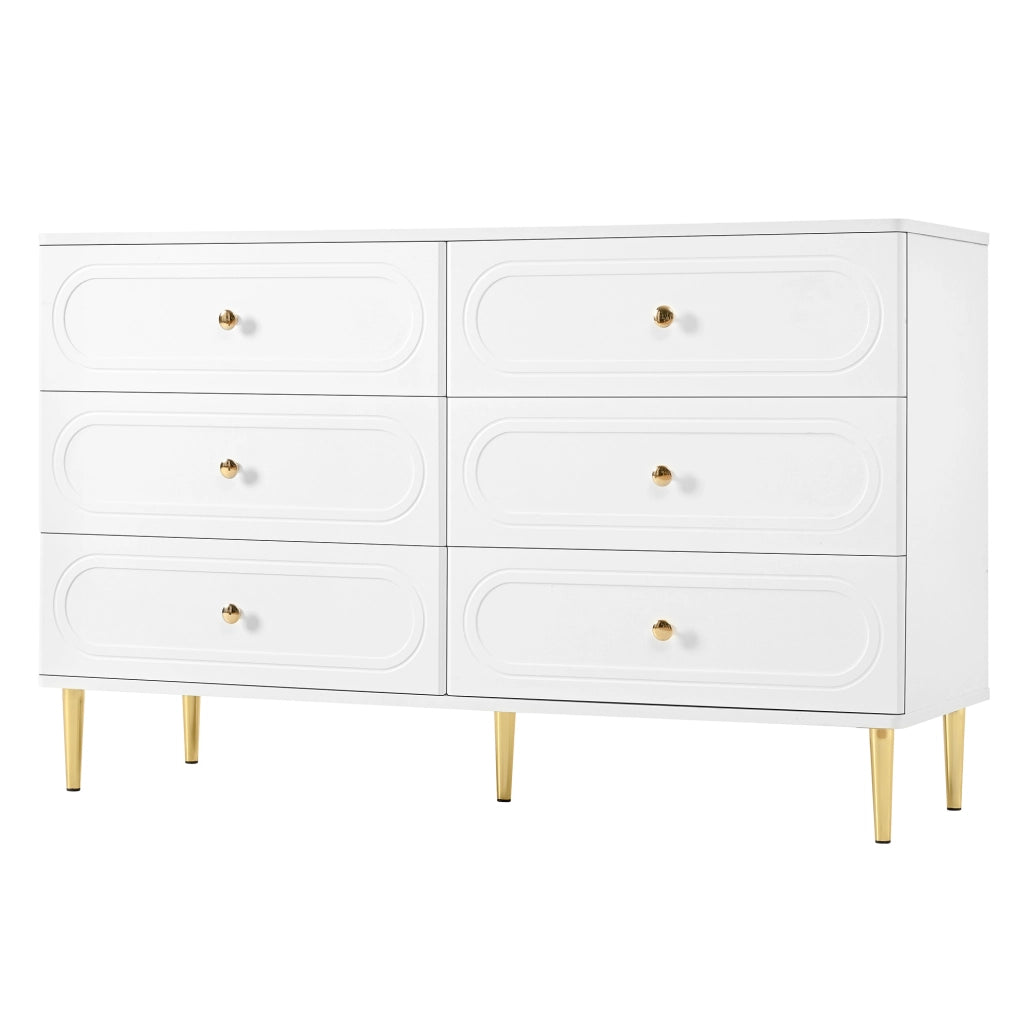 Credenza ULEVR 120x40x75 cm con 6 cassetti e piedini in metallo, bianca