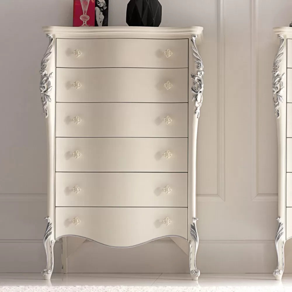 Cassettiera classica sagomata 6 cassetti in legno bianco argento l.86 p.47 h.132 - Mobili 2G