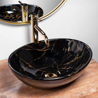 Set Lavabo Da Appoggio Sofia Marble Black + Rubinetto Da Bagno Lungo Gold + Tappo Gold