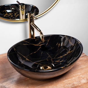 Set Lavabo Da Appoggio Sofia Marble Black + Rubinetto Da Bagno Lungo Gold + Tappo Gold