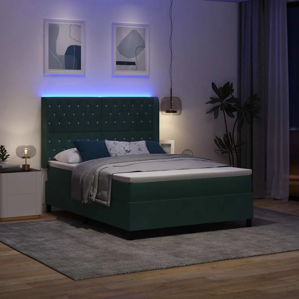 Letto a molle con strisce LED Verde Scuro 140 x 200 cm Velluto 3343817