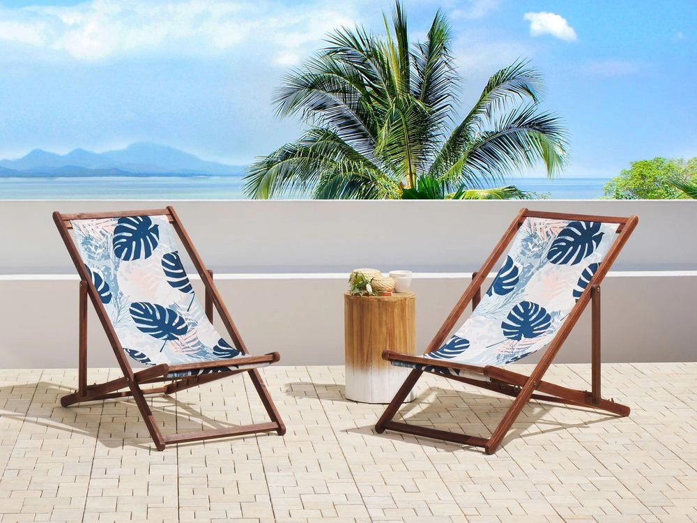 Set di 2 sedie a sdraio da giardino struttura legno acacia scuro con motivo a foglie di palma sedile reclinabile
