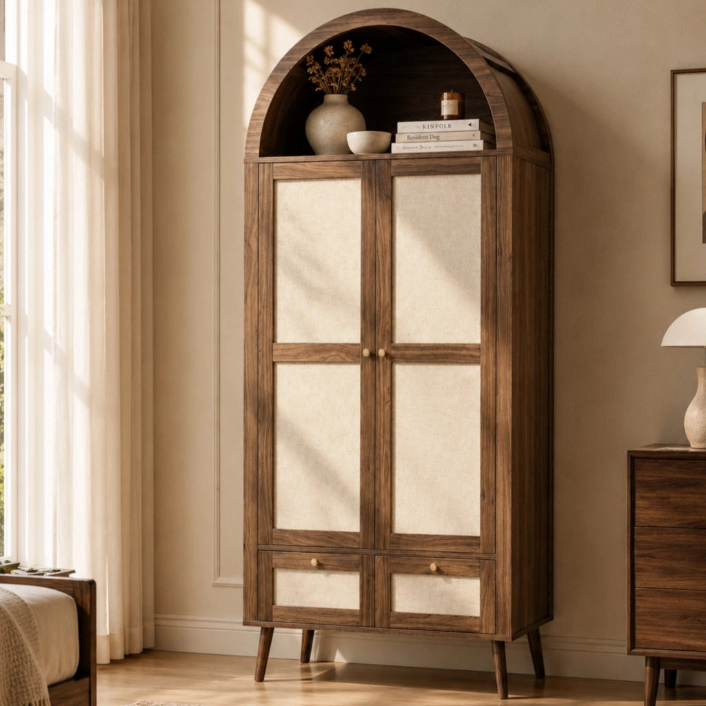 Armadio 2 ante e 2 cassetti con asta appendiabiti e nicchia aperta; design ad arco; MDF; noce e beige; 80 × 55 × 180 cm