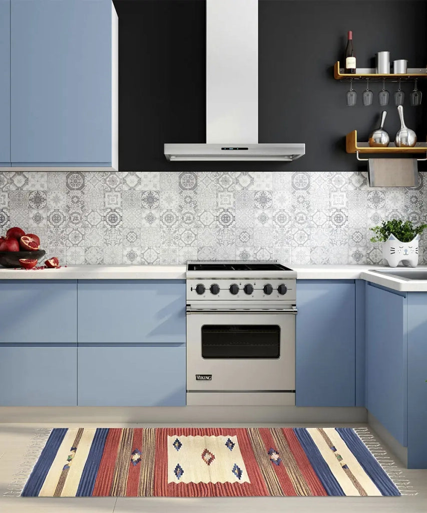 Tappeto KELIM 02 disegni etnici orientali colori vivaci cm.140x200 tessuto e frangia 100% cotone, lavabile in lavatrice