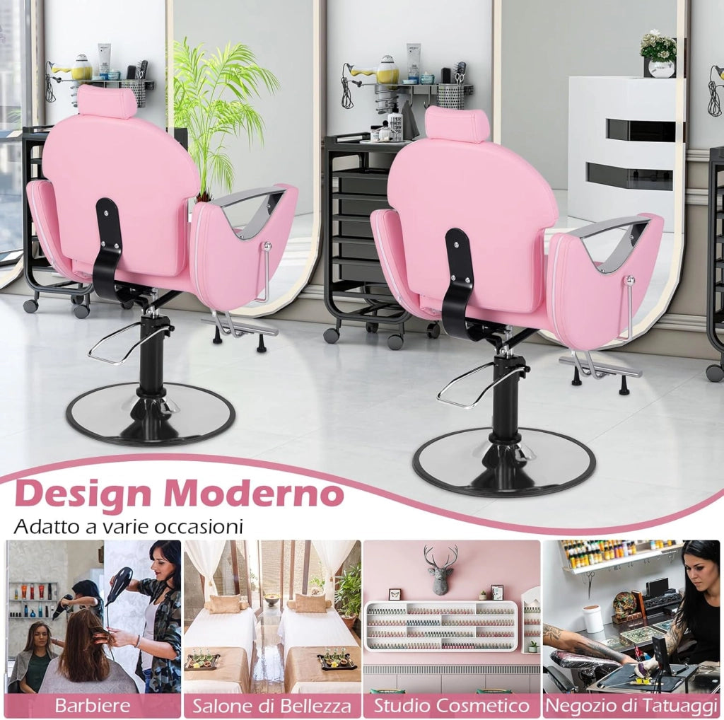 Poltrona da Barbiere Girevole, Sedia da Salone Reclinabile con Altezza Regolabile, Girevole a 360° con Pompa Idraulica, Poggiatesta, Portata 150 kg (Rosa)