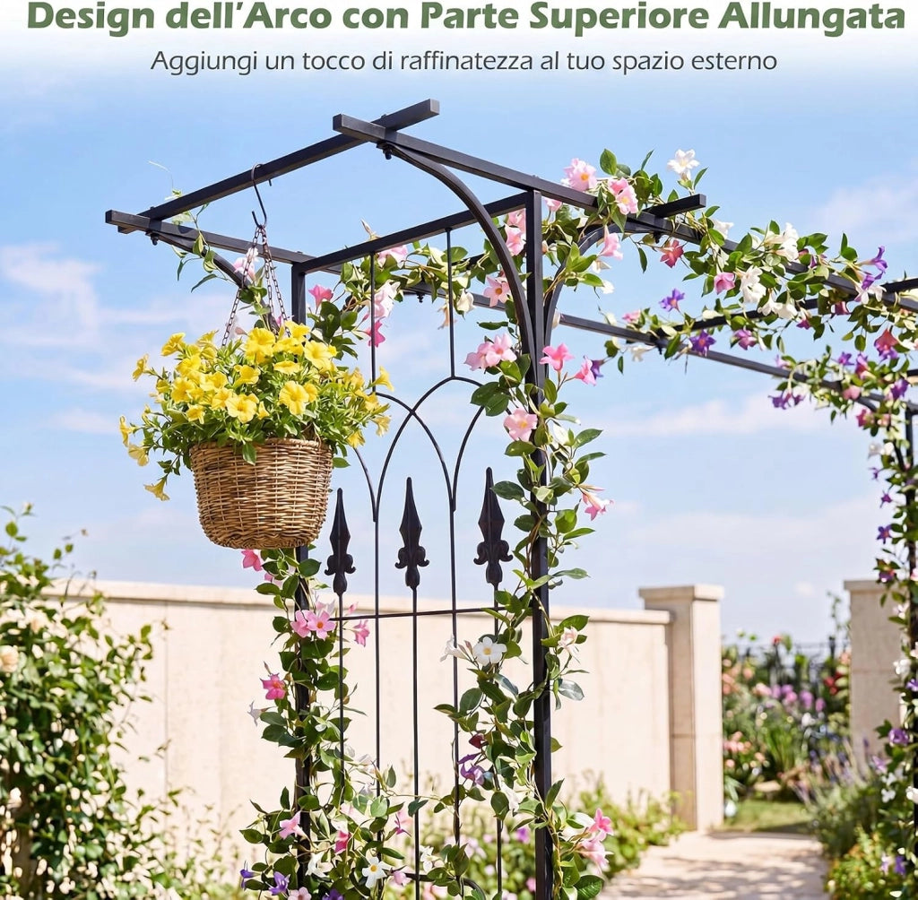 Arco da Giardino, Traliccio ad Arco per Rampicanti, 206x40,5x215 cm | Pergolato da Esterno in Metallo con Tetto Piatto e Elegante Motivo a Traforo per Matrimonio e Festa