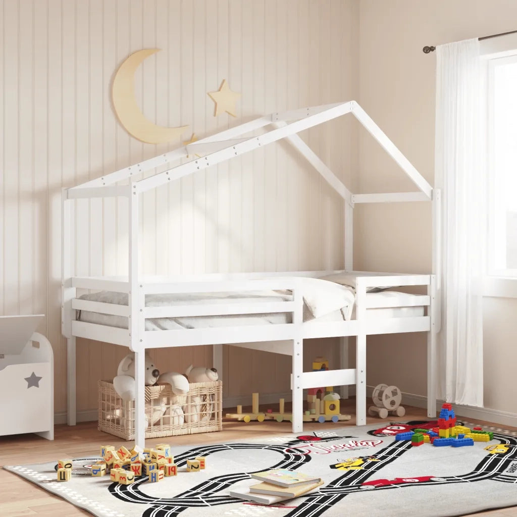 Letto singolo | Letto per adulti | Letto a Soppalco con Tetto Bianco 90x200 cm Legno Massello Pino
