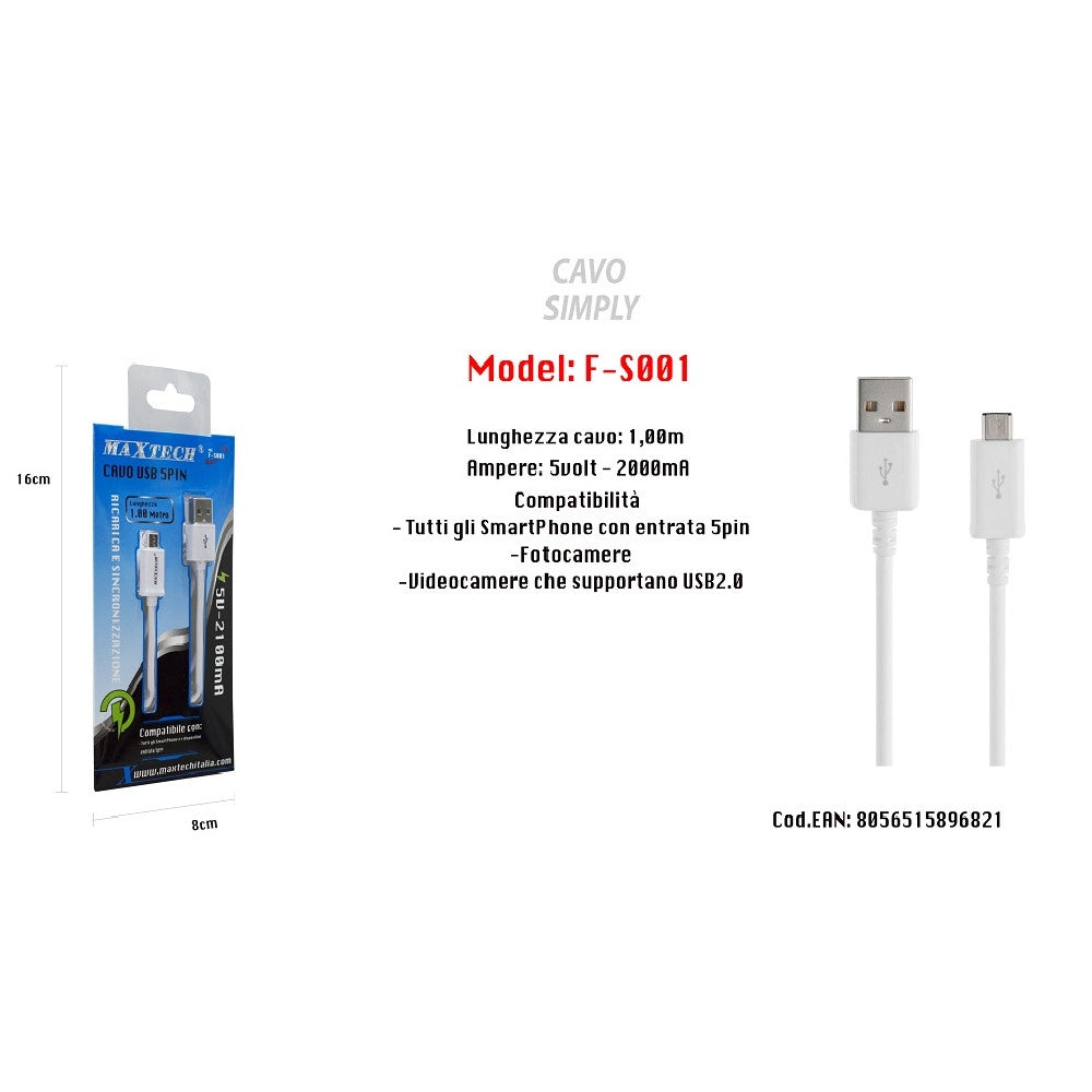 Trade Shop - Cavo Usb Simply Smartphone Samsung 5volt - 2000ma 1,00mt 5pin Maxtech F-s001 -