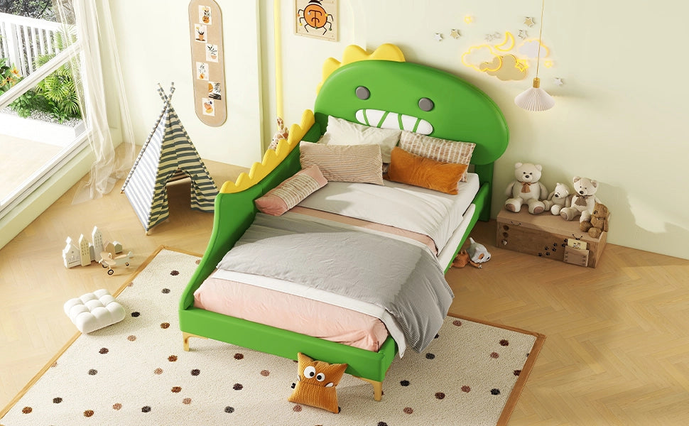 DESMIU Letto bambini 90 × 200 cm a 1 posto con testiera dinosauro, senza materasso, in PU e MDF, verde