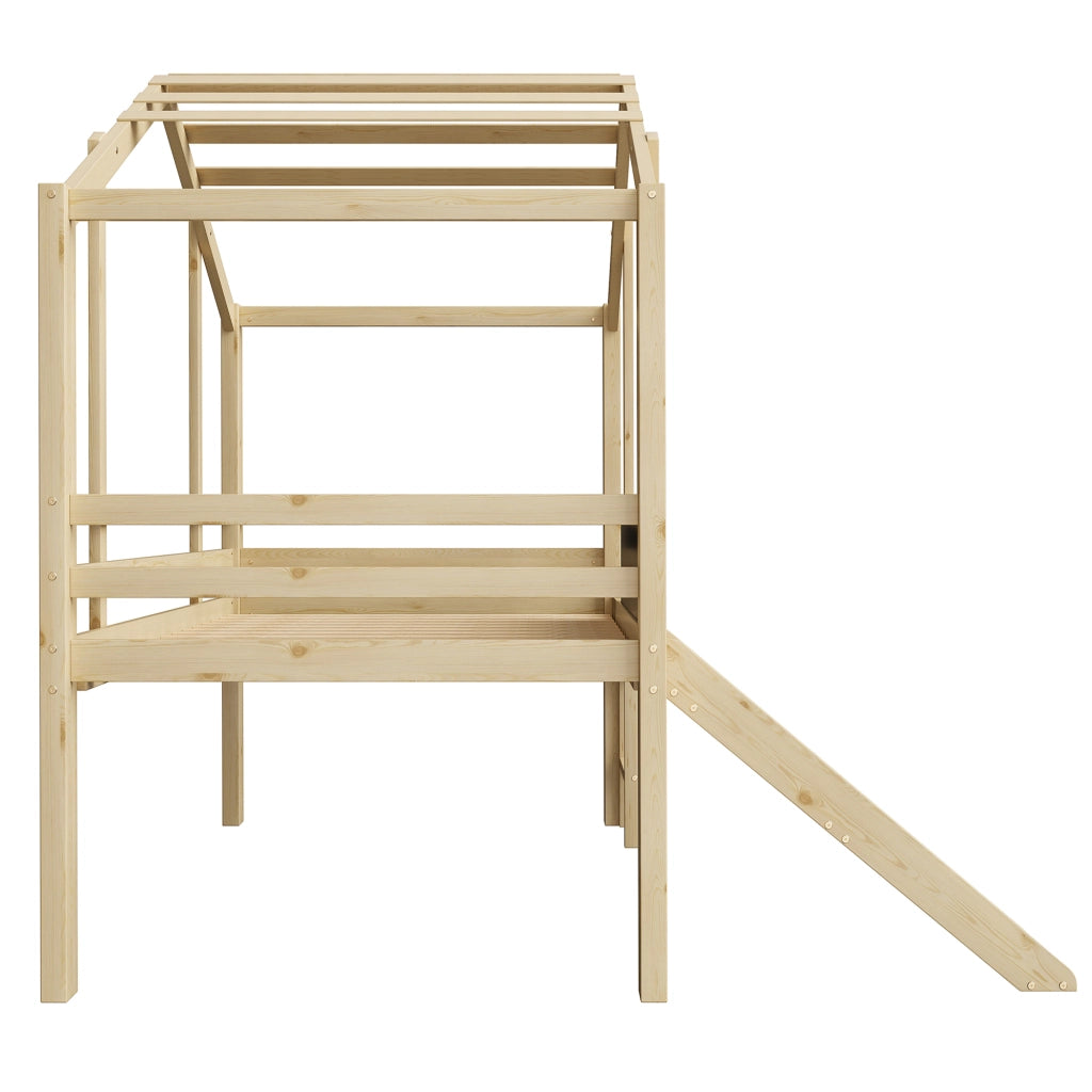 LETTO a soppalco 90x200 cm in legno naturale con scivolo, scala e lavagna