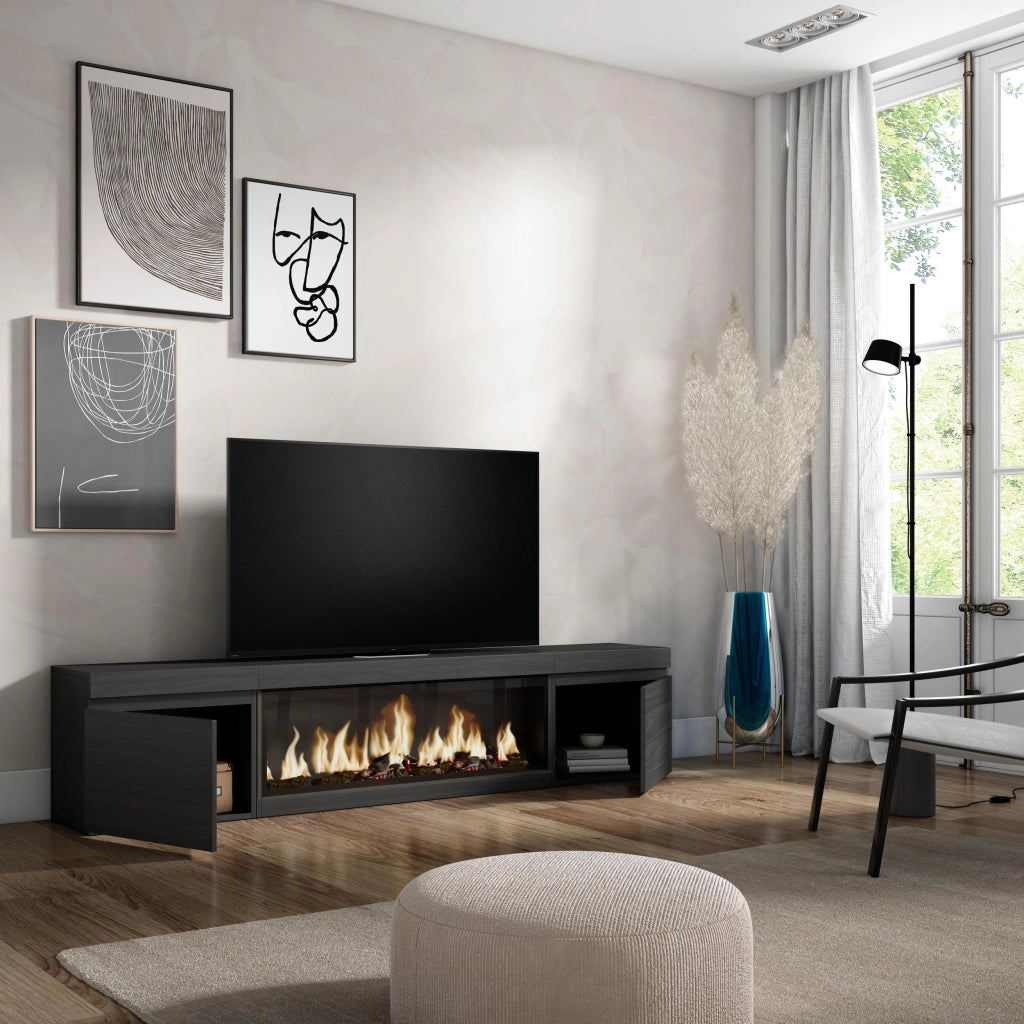 Mobile TV Soggiorno, 208x35x45cm, Per TV fino a 80", Camino elettrico XXL, Nero RF3256