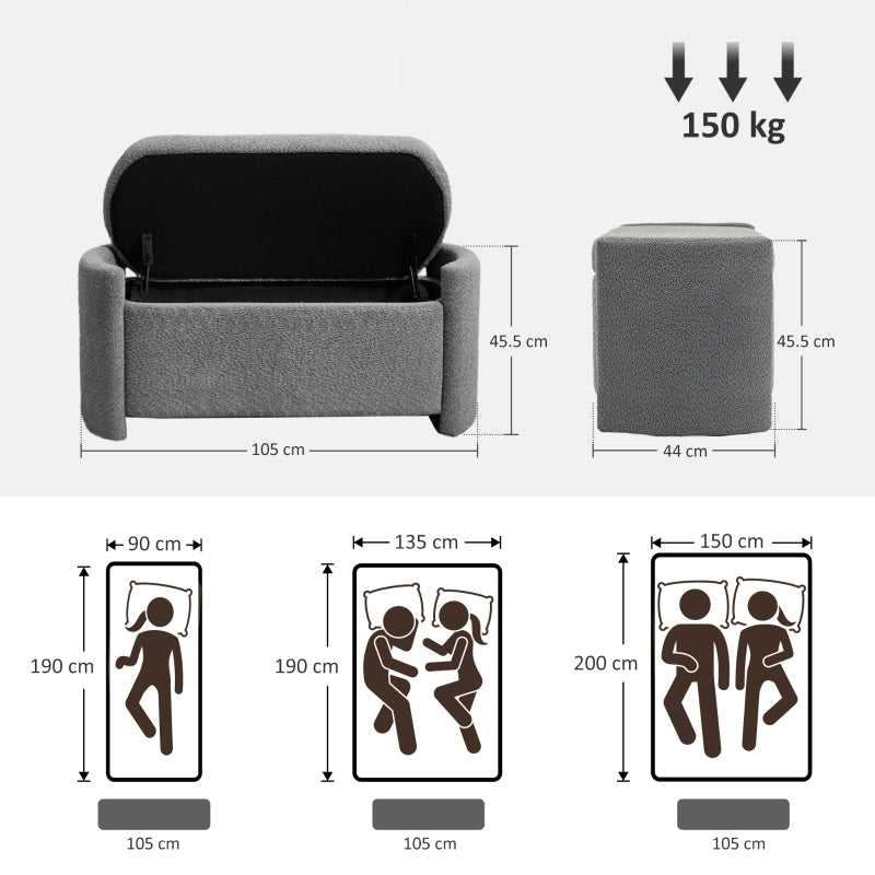 Panca contenitore imbottita grigia 105 x 44 x 45,5 cm con coperchio e struttura in legno