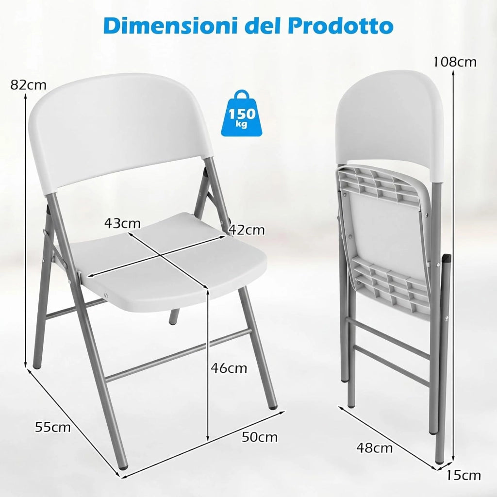 Set da 6 Sedie Pieghevoli in Plastica, Sedie Pieghevoli con Schienale e Struttura in Metallo, Sedie da Pranzo Portatili per Matrimonio e Festa, Portata 150 kg (Bianco)