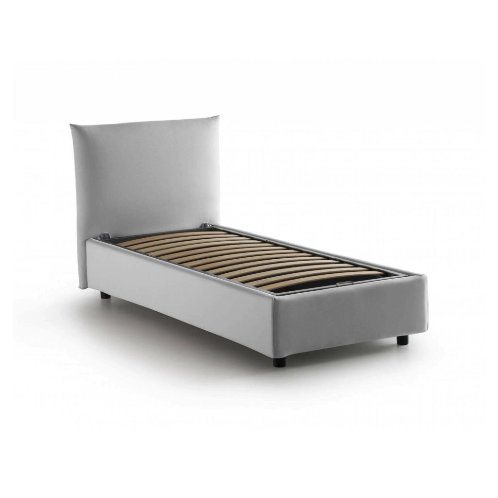 Letto singolo Ippolito, Letto contenitore con rivestimento in tessuto, Made in Italy, Apertura frontale, adatto per materasso cm 80x190, Bianco