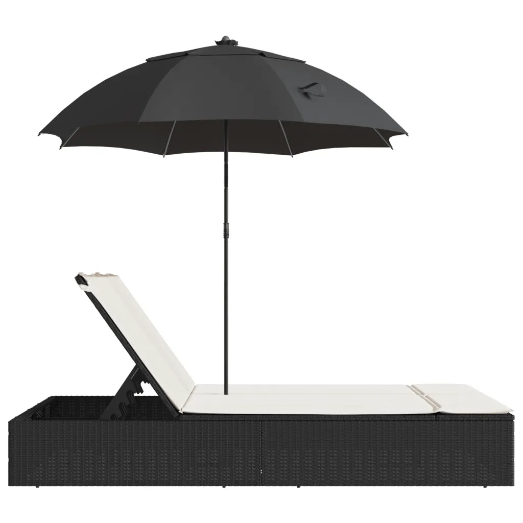 Lettino Prendisole | Sdraio da giardino | Lettino da sole Doppio Cuscini e Parasole Nero in Polyrattan