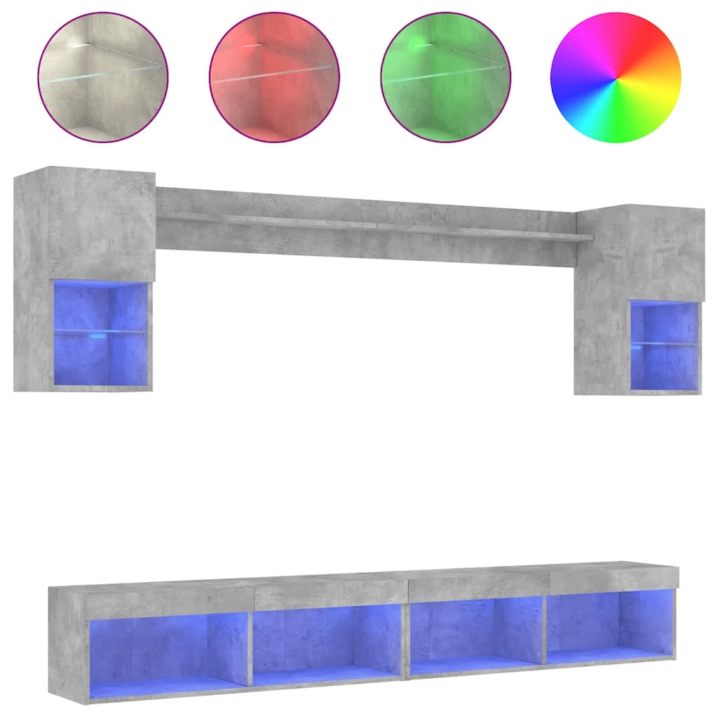 Mobili TV a Muro con LED 6pz Grigio Cemento Legno Multistrato