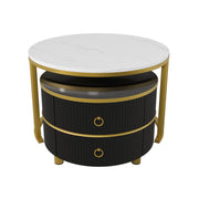 Tavolini da caffè nido rotondi con 2 Cassetti; Piano Lucido ed Effetto Marmo; Stile Moderno; in MDF; Nero; 70×70×46 cm