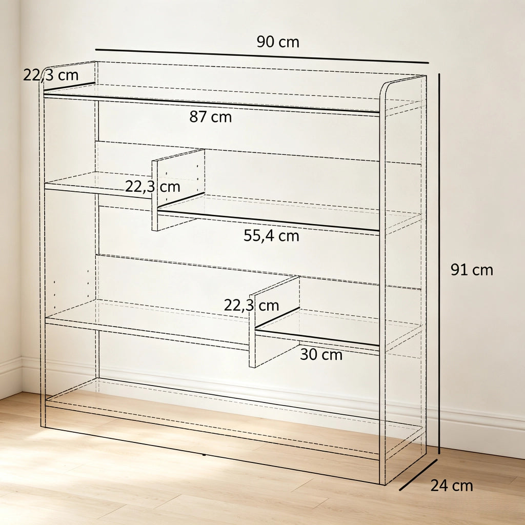 Libreria moderna a 4 ripiani in truciolato E1, bianco, 90 x 24 x 91 cm