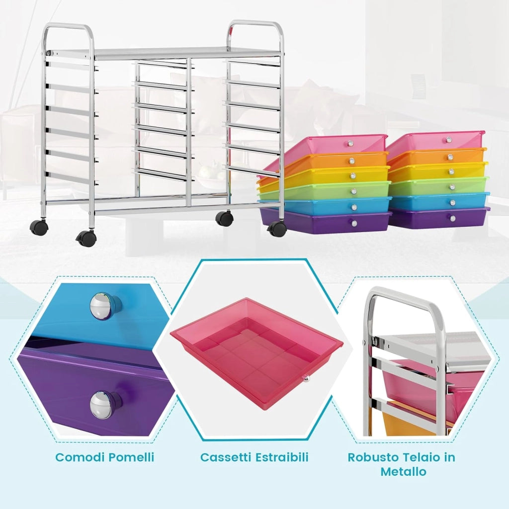 Carrello di Stoccaggio con 12 Cassetti, Carrello portaoggetti con 4 Ruote, Carrello Multiuso per Scuola Ufficio Cucina, 64 x 38 x 62 cm (12 cassetti Arcobaleno)