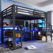 Letto a castello nero in metallo con funzione scrivania e illuminazione LED 140x200 cm