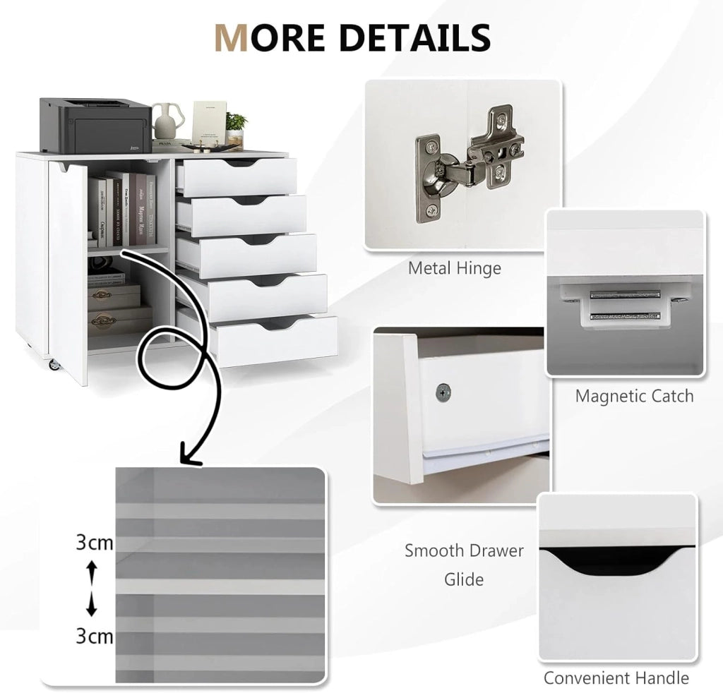 Cassettiera Ufficio con 5 Cassetti, Schedario Portadocumenti con Ruote Universali e Ripaini Regolabili, Mobile Porta Stampante in Legno per Studio, Camera da Letto, 79x39x65 cm (Bianco)