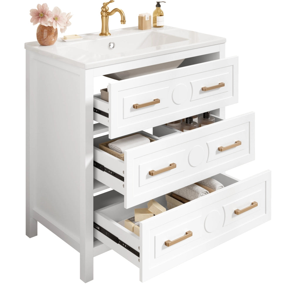 Mobile sottolavabo con 3 cassetti e lavabo in ceramica - per bagno - bianco