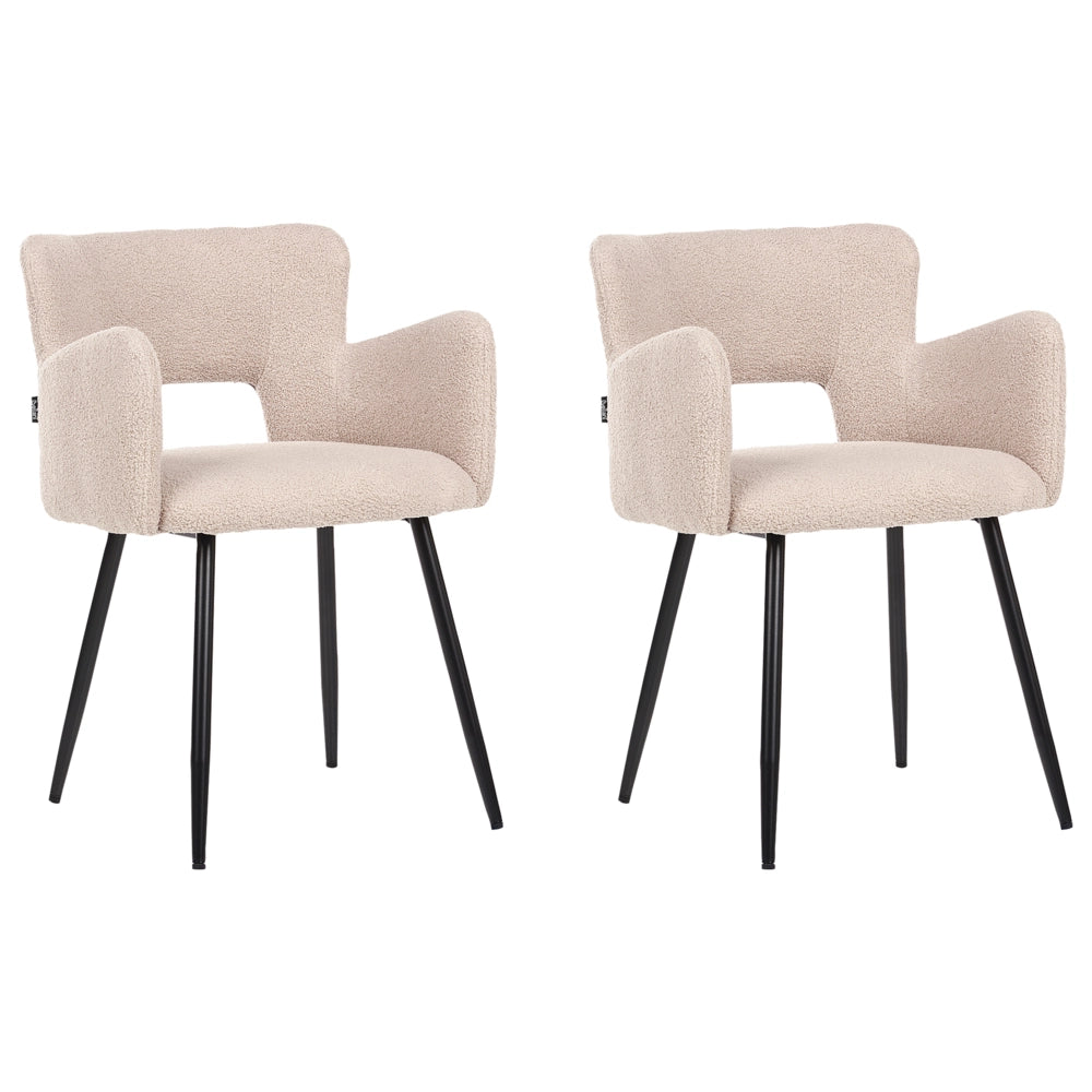 Set di 2 sedie Sedia da pranzo in bouclé beige con braccioli Schienale ritagliato Gambe in metallo nero