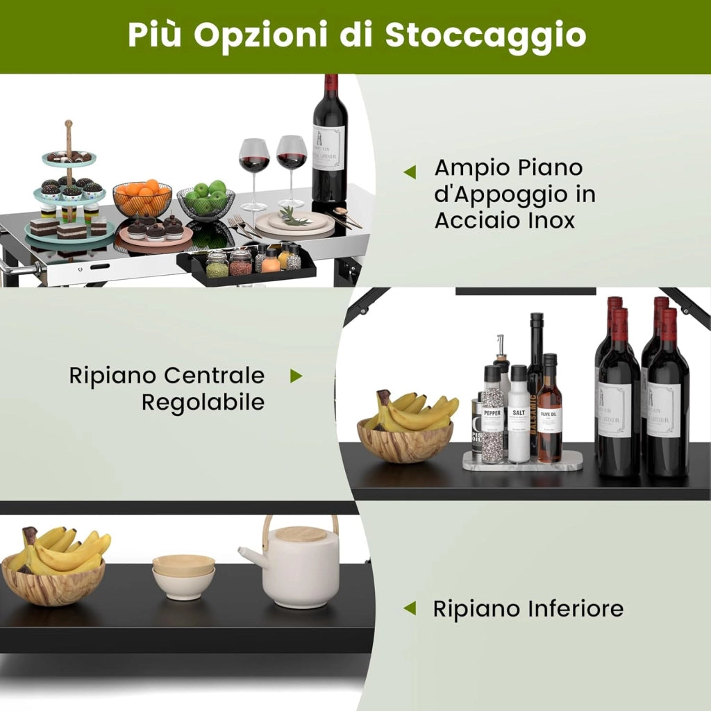 Carrello Barbecue da Esterno con 3 Ripiani, Carrello da Cucina Esterno con Ripiano Regolabile, Carrello Multifunzionale per Esterno, Struttura in metallo