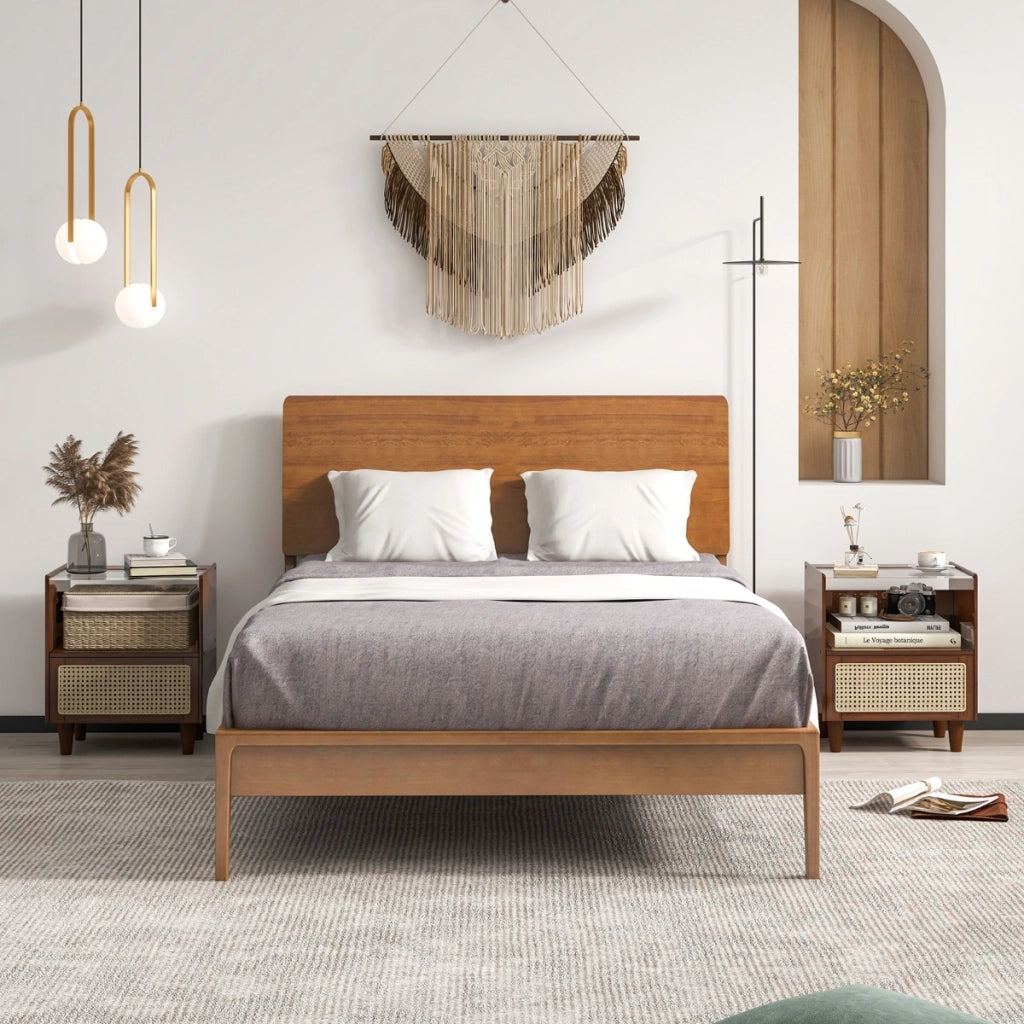 Comodino in bamb¨´ e rattan con cassetto e gambe in legno massello, Tavolino da salotto boho 43x35x50cm Marrone 2 Pezzi-Comodini
