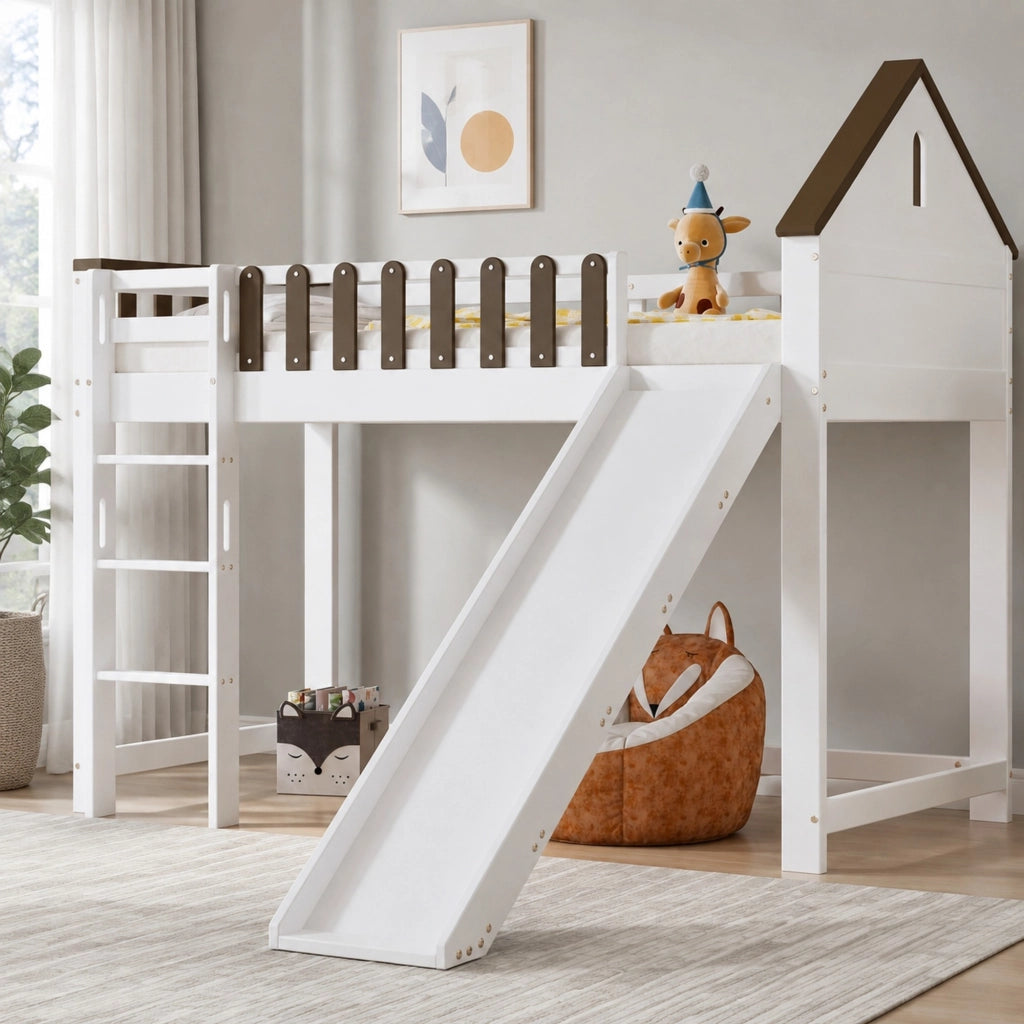 Letto a soppalco 90x200 cm con scivolo, tetto e scala, bianco noce