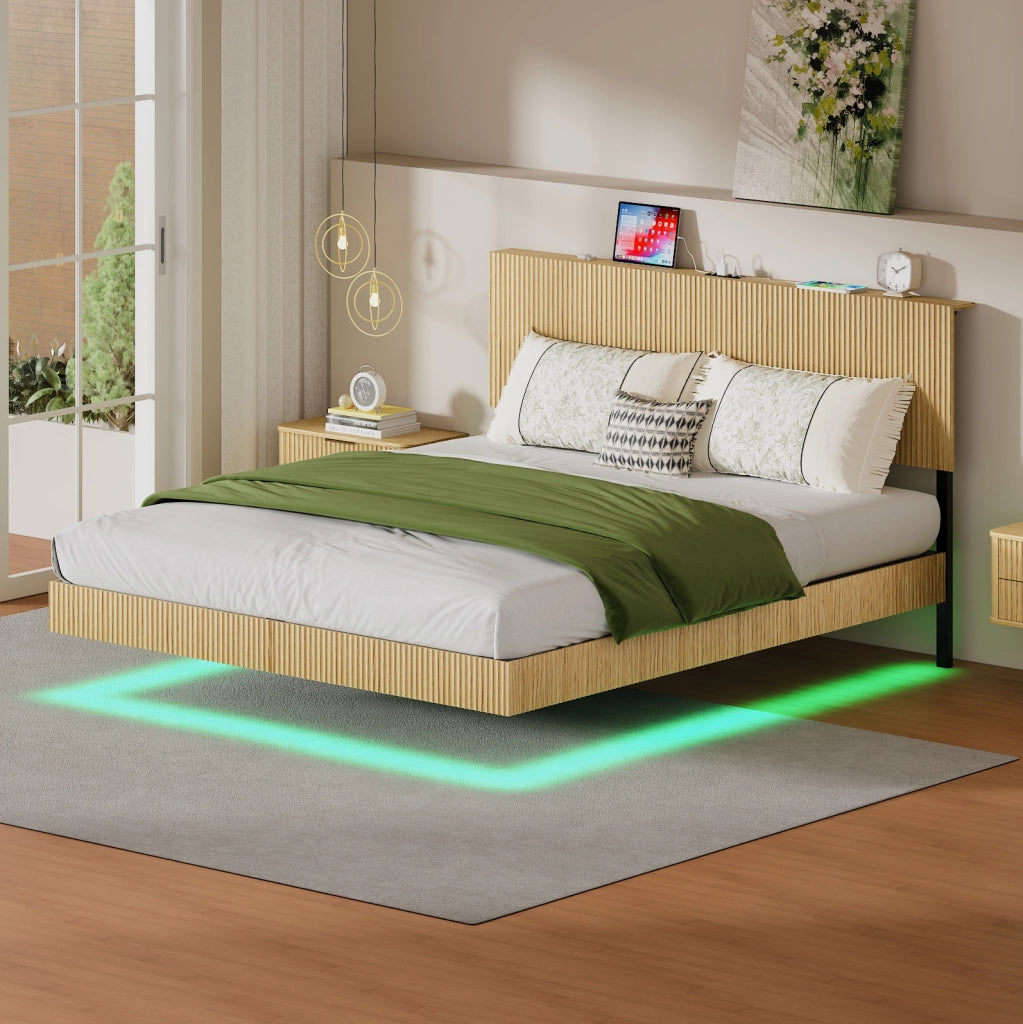 Letto sospeso 210.5x184x99.7 cm con presa integrata e luci LED RGB in metallo e pannello di particelle naturale
