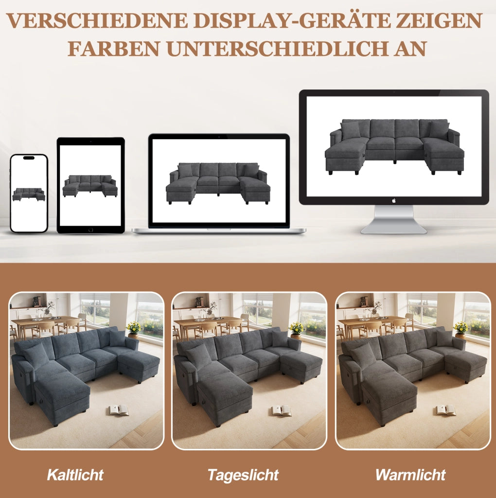 Divano modulare grigio in ciniglia 261x134x82 cm con 2 pouf contenitore; USB e Type-C