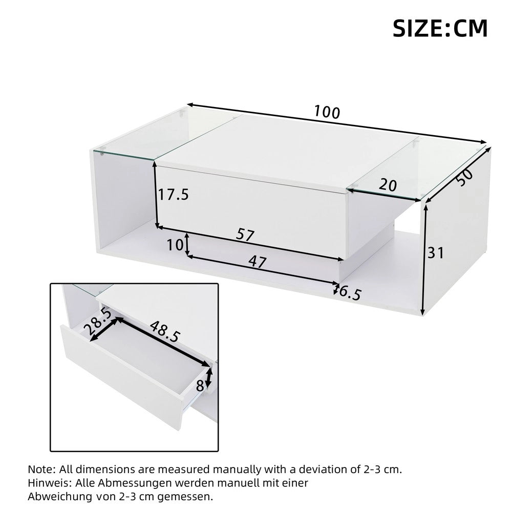 Tavolino da Caff¨¨ con LED e Cassetto ¨C MINIMAL ¨C Vetro Temperato Bianco Lucido 100x50x31