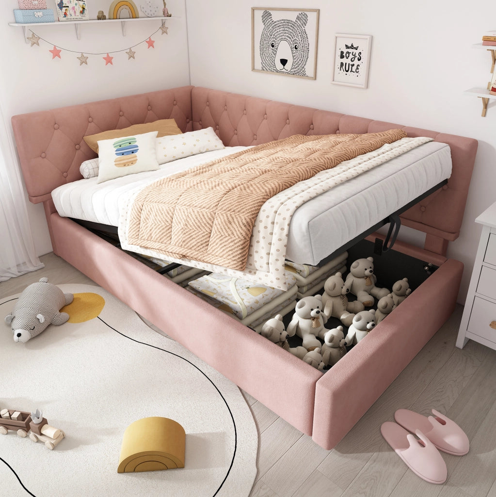 Letto divano 90x190 cm con contenitore idraulico; rivestimento in velluto rosa