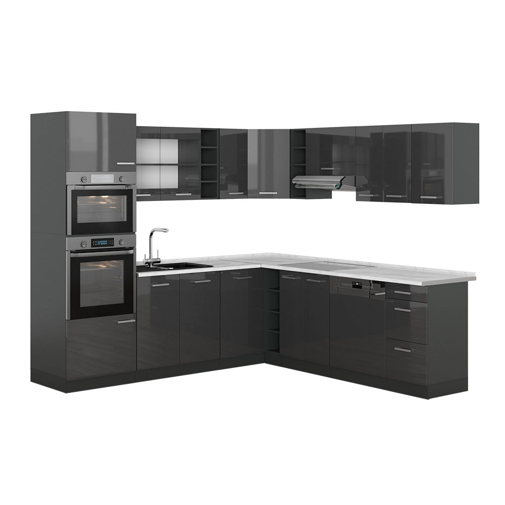 Cucina angolare completa R-Line Antracite lucido/Antracite 247 x 237 cm, PL Marmo Vicco