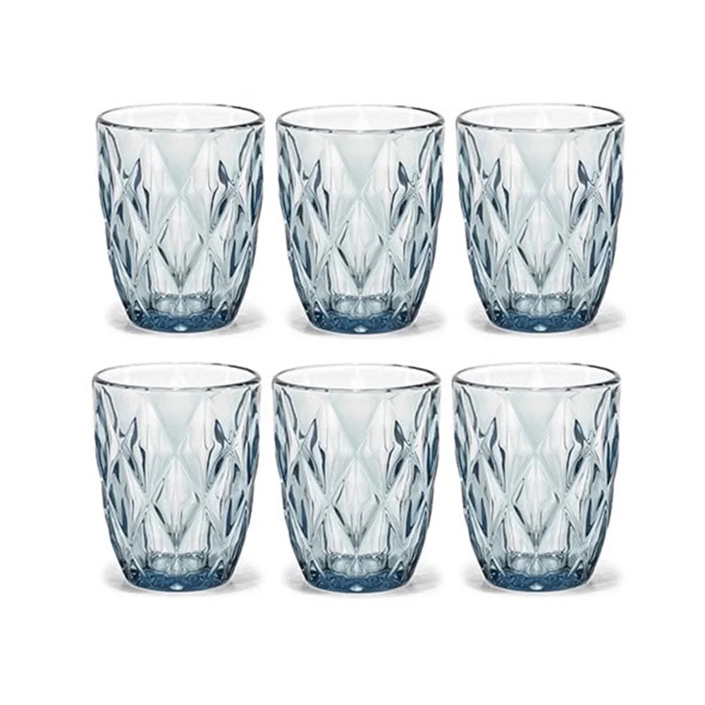 Trade Shop - Set 6 Bicchieri In Vetro Crystal Blue 29cl Per Acqua Bevande Motivo Sfaccettato A Diamante -