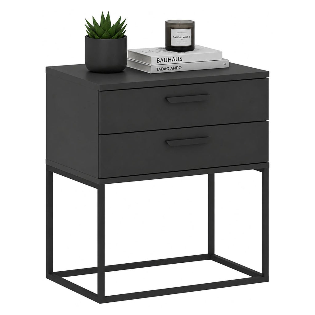 Lelabati, Comodino 2 Cassetti, 60x39x65h cm Nero Antracite