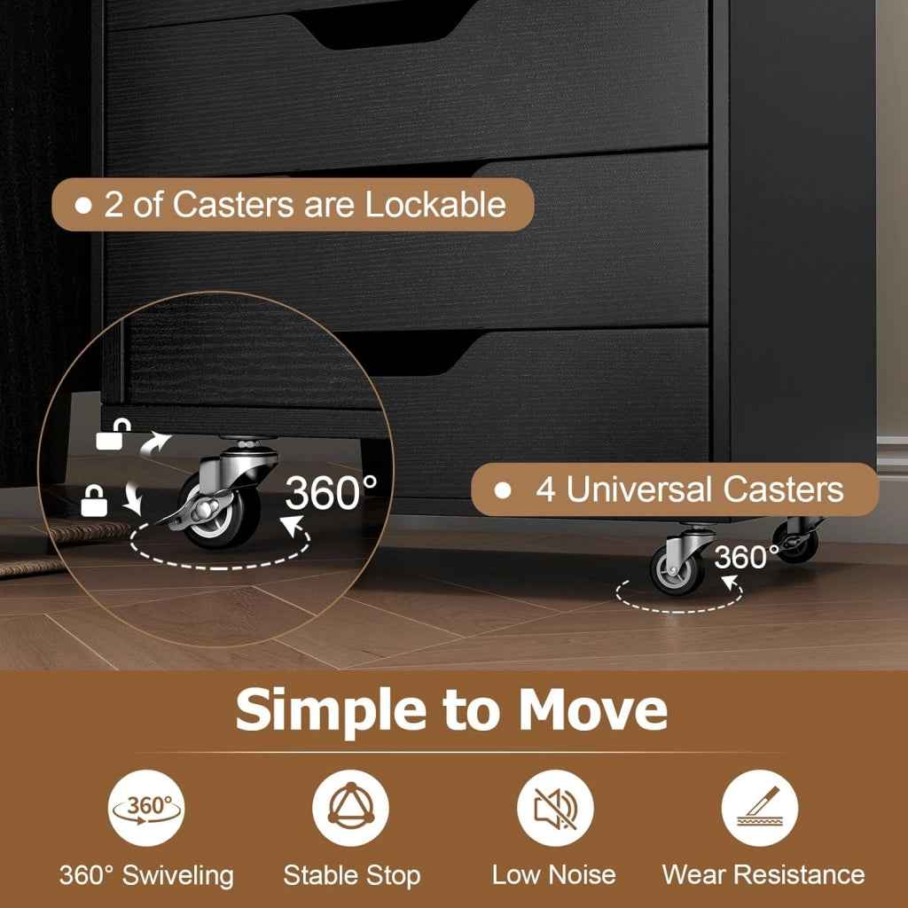 Cassettiera da Ufficio Mobile con 7 Cassetti, Mobile da Scrivania con Ruote per la Conservazione, Supporto per Stampante per Cartelle, Documenti, Carte, 49 x 40 x 87 cm (Nero)