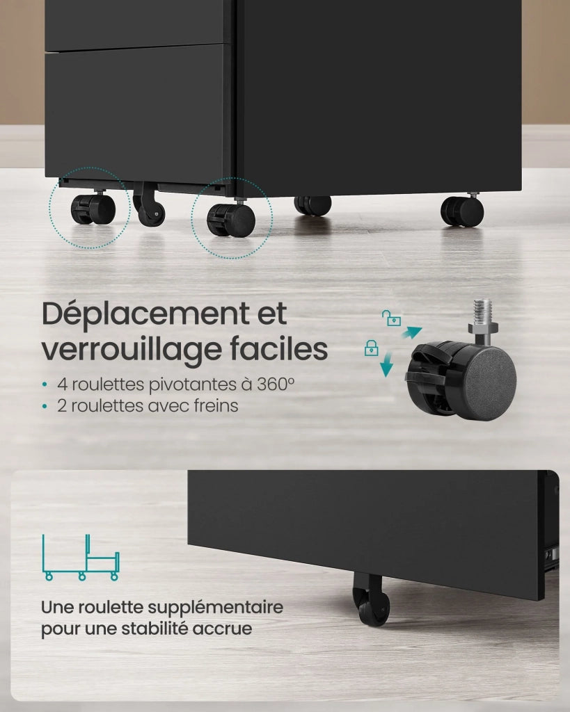 Mobiletto portaoggetti con serratura 3 cassetti per documenti e cancelleria preassemblato per l'ufficio domestico 39 x 45 x 55 cm nero opaco 12_0004821
